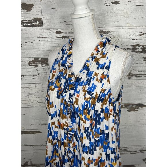 CABI Jigsaw Blouse Button Front Ruffle V-Neck Blue Brown White Sz S #6106 NWOT - Picture 3 of 5